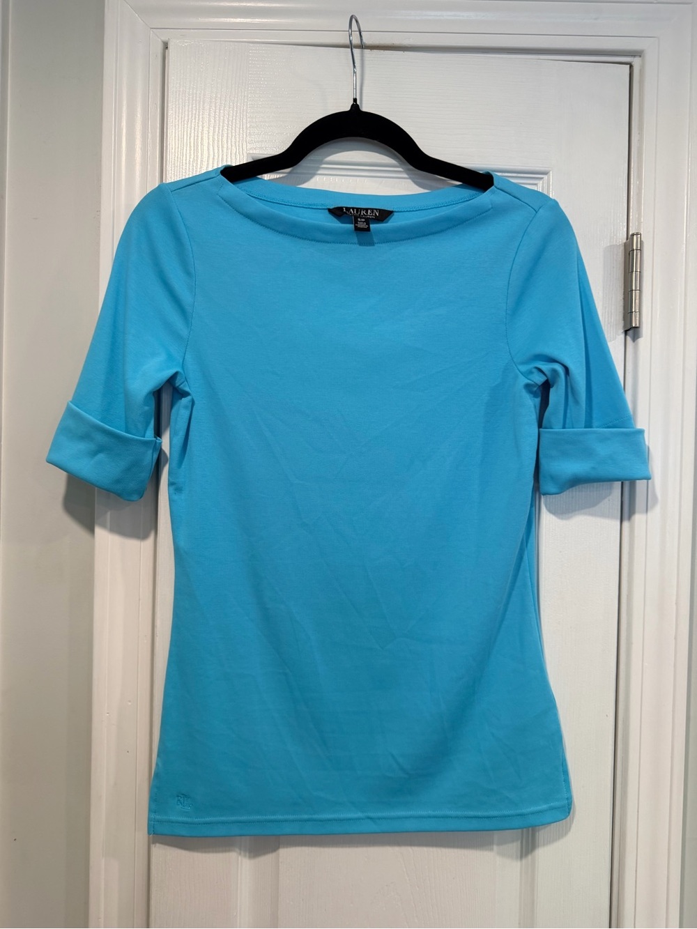NWOT LRL Lauren Ralph Lauren Size S Blue Boat Neck Cuffed Sleeve Top Cotton